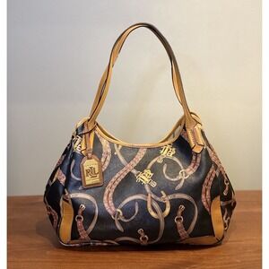 Ralph Lauren Black & Brown Canvas Equestrian Handbag Signature Rare Convertible